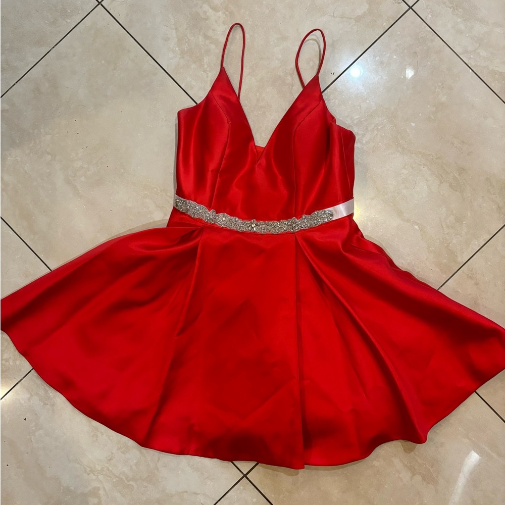 JVN by Jovani short red thin strap dress with rhinestone waist size 10
